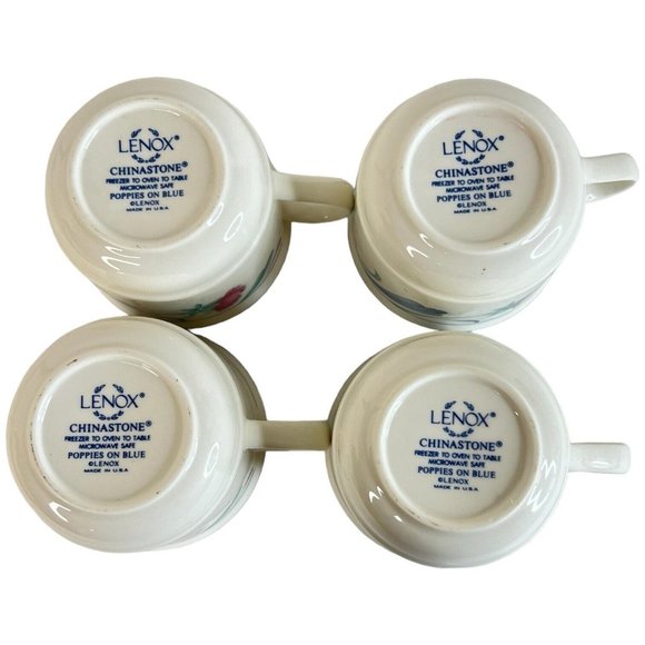 4 Lenox Chinastone Poppies on Blue Flat Cups Mugs Coffee Cup Set Vintage Lot USA - Picture 12 of 12